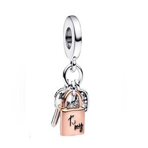 S925 Sterling Silver CZ Two-Tone Key, Padlock Heart Triple Dangle Charm - NWT
